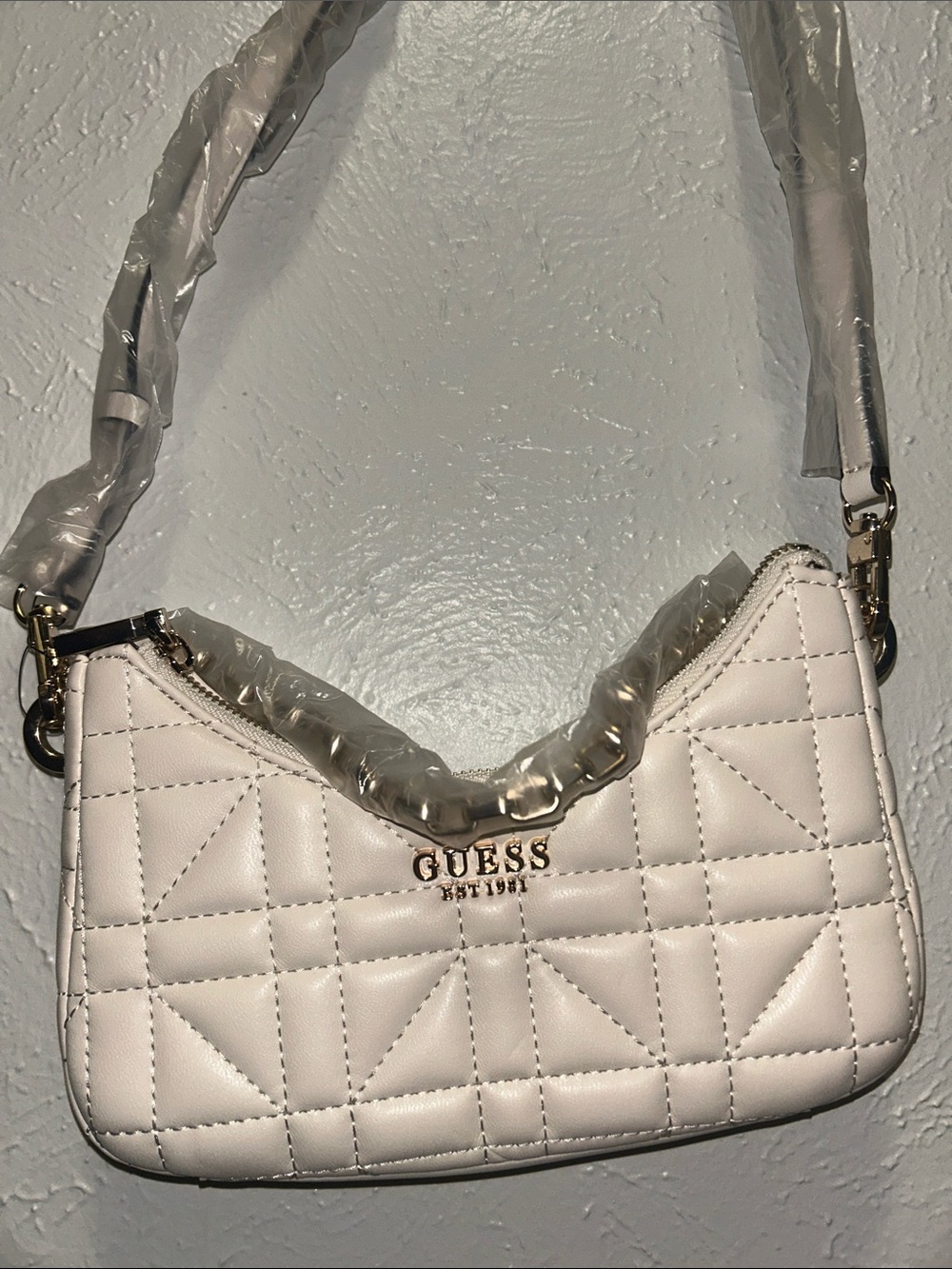 GUESS Cream Quilted Shoulder Bag with Gold Logo